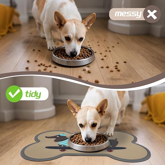 Le couranT Plastic Placemat for Food and Water Bowl, Absorbent-No Stains Quick Dry Dog Water Bowl Dispenser with Waterproof-Anti-Slip Backing Pet Placemat for Messy Drinkers, Lovely dachshund-16x24 in