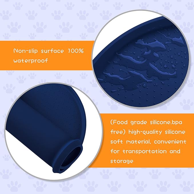 100% Waterproof 0.5" Raised Edge BPA Free Silicone Dog Food Mat, Pet Cat Feeding Mats Contain Spills Protects Floors, Placemats for Cats and Dogs Water Bowl Dishwasher. (Small, Navy)