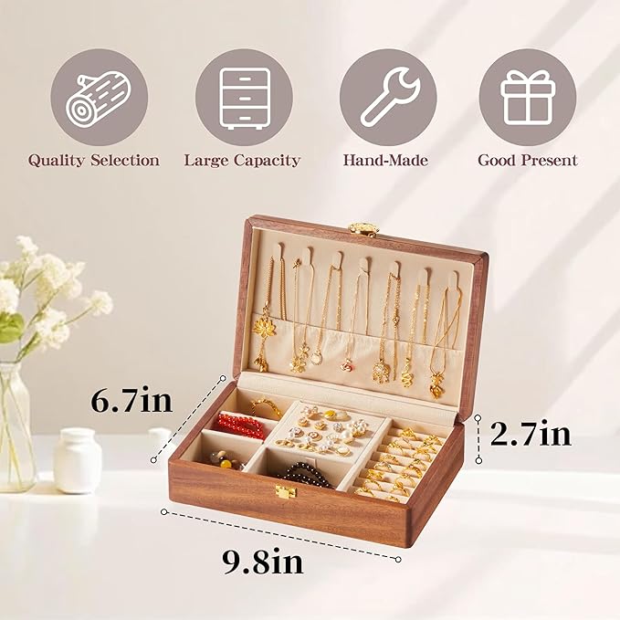 Travel Jewelry Case Small Wood Jewelry Organizer Jewelry Box for Women (Nut-Brown Print A)