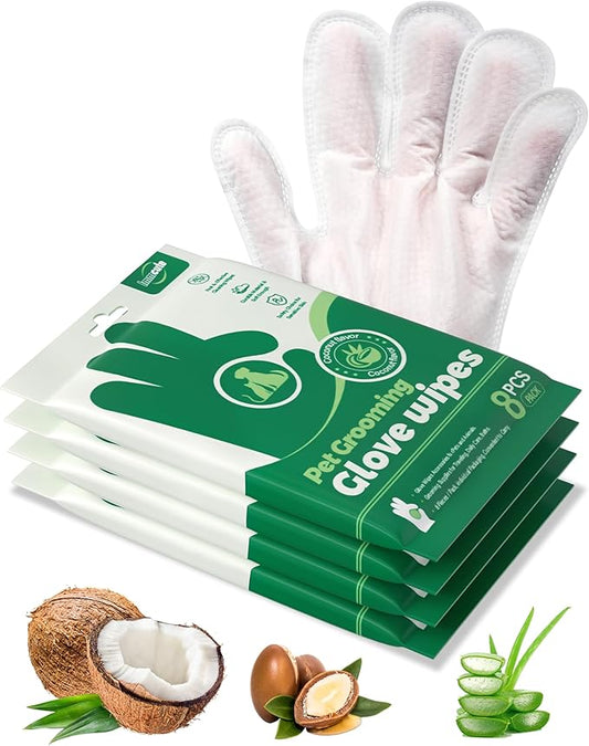 IMMCUTE Coconut Scented Pet Wipes Gloves for Dogs & Cats - Extra Thick Bathing Wipes with Coconut Oil & Jojoba Oil, 32 PCS Rinse-Free Grooming Gloves for Deodorizing & Daily Care