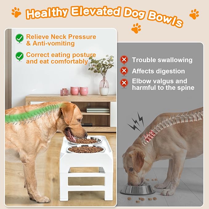 COMESOON Elevated Dog Bowls, 4 Height Adjustable Raised Bowl Stand with 2 Thick 50oz Stainless Steel Food Bowls Non-Slip Feeder Adjusts to 3.7'', 9.2'', 10.75'', 12.36'' White