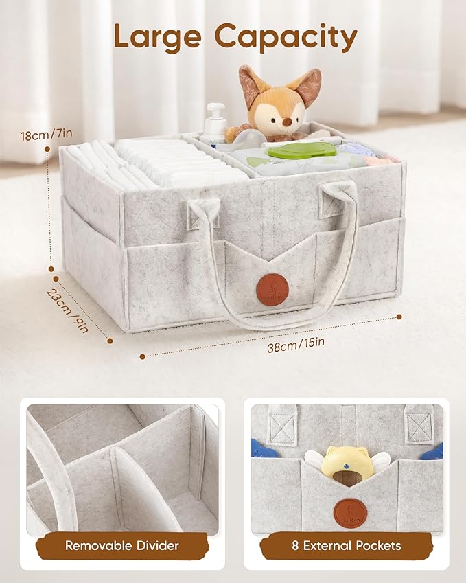 Maliton Baby Diaper Caddy, Nursery Storage Bin & Car Organizer with Handle, Large Felt Bag for Newborn essentials Boy or Girl, Changing Table Organizer for Baby Stuff, 15" x 9" x 7" Baby Shower Basket