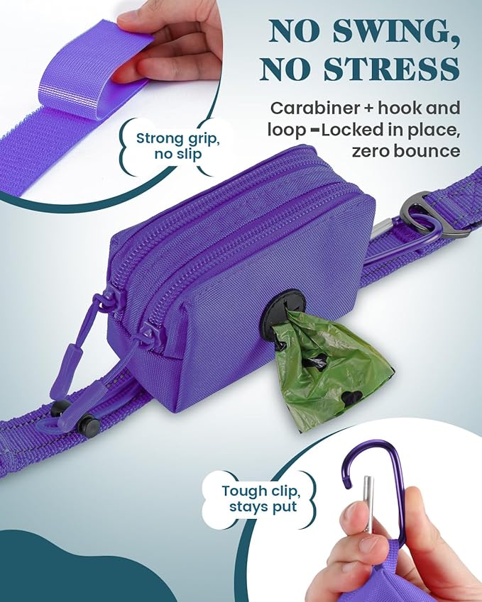 Dog Poop Bag Holder for Leashes, Purple Doggie Waste Bag Dispenser and Treat Holder, with Carabiner Hook and Poop Bag Clip, Used Waterproof Wear-Resistant Fabric and 2 Zippered Pouches for Walking