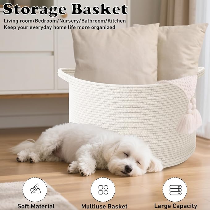 65L Large Woven Cotton Rope Blanket Basket with Handles, Laundry Hamper Storage Bin for Pillows, Comforters,Clothes, Toys, Nursery, Bedroom and Living Room Organization,White