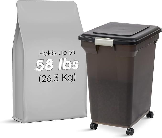 IRIS USA 58 Lbs / 67 Qt WeatherPro Airtight Pet Food Storage Container with Attachable Casters, For Dog Cat Bird and Other Pet Food Storage Bin, Keep Fresh, Easy Mobility, BPA Free, Smoke