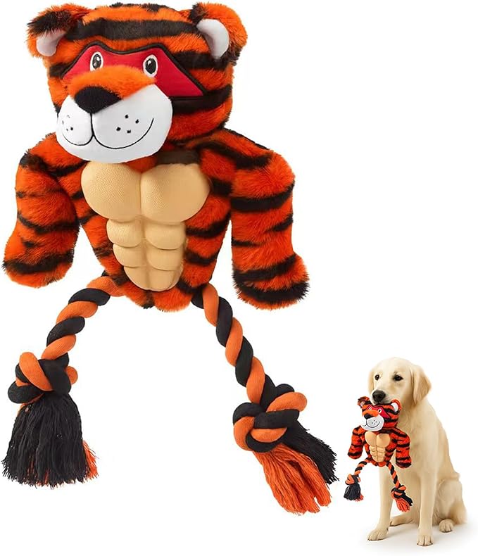 Durable Rope & Plush Dog Toy for Aggressive Chewers – Muscle Tiger Squeaky Tug Toy for Medium & Large Dogs, Interactive Chew & Play