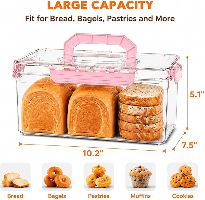 Bread Box with Slicer, Portable Airtight Bread Storage Container with Lid Handle for Kitchen Counter, Bread Keeper for Homemade Bread,Toast, Bagel, Cookies, Pink