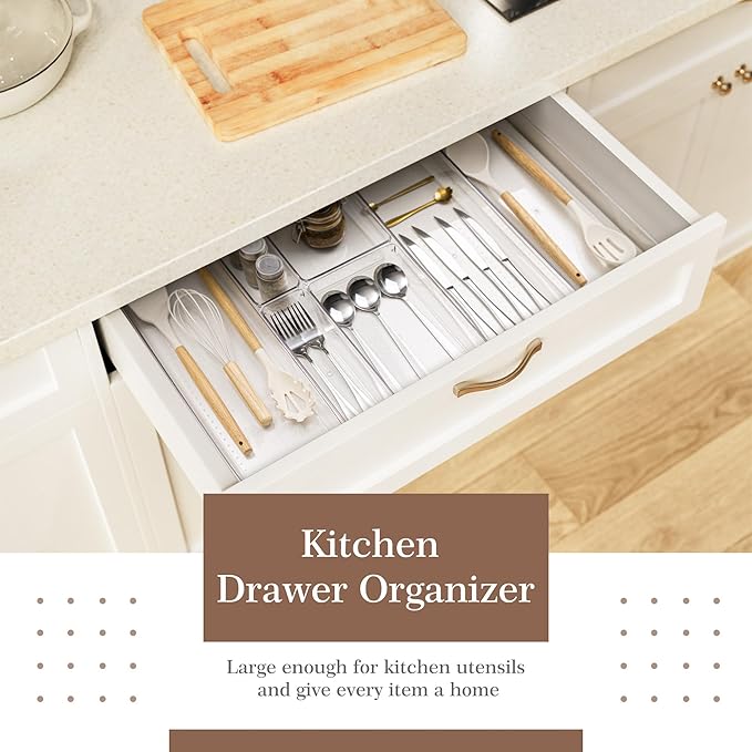 Criusia Clear Drawer Organizer 7 PCS - 5 Size Plastic Versatile Kitchen and Bathroom Organizer Trays, Non-Slip Storage Bins for Makeup, Utensils, Tool and Office Desk