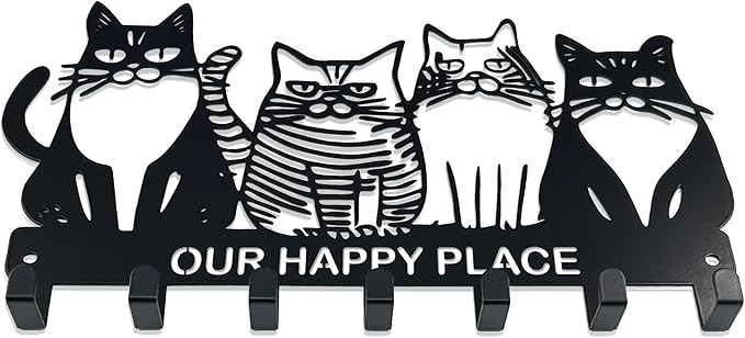 Key Holder for Wall, 11.88'' x 7'' Black Metal Cat Shape Decoration Key Hook Wall Mount Key Rack Hanger Storage Organizer with 7 Hooks for Home Doors Entryway Kitchen Garage Decor
