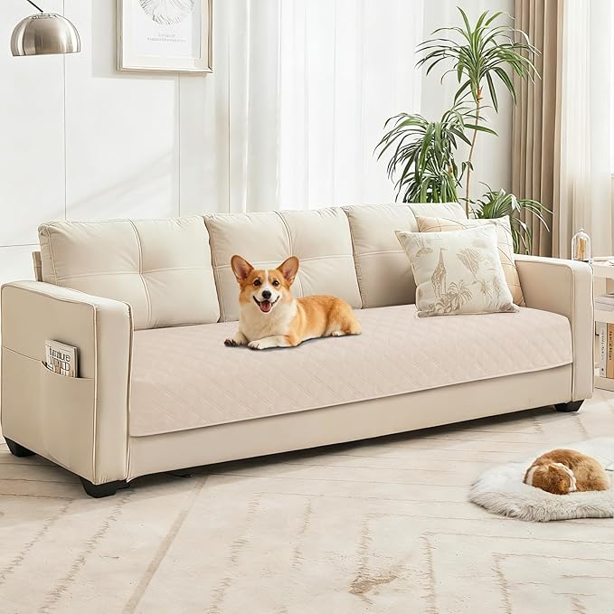 CYCMACO Waterproof Couch Covers for Pets, Waterproof Dog Bed Cover, Anti-Slip Soft Dog Blankets, Couch Cover for Dogs Washable, Pet Blanket for Puppy Large Dogs Cat (82x82 Inch, Beige)