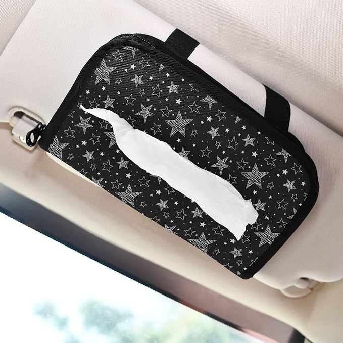 Car Tissue Holder Car Napkin Holder Car Tissue Box Dispenser Storage Case Sun Visor Mask Holder with Adjustable Straps Reusable Refillable Sliver Stars Black