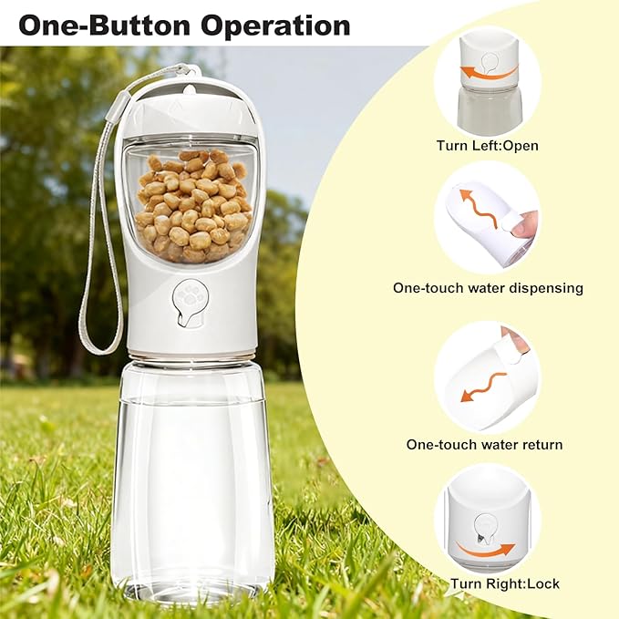 Portable Dog Water Bottle with Food Container, BPA Free Travel Water Bottle for Dogs, 2-in-1 Dispenser Drinking Feeder for Pets Walking, Hiking, Travel, Puppy Essentials, White, 12oz