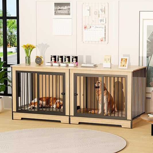 75 Inch Extra Large Double Dog Crate Furniture with Divider, XXL Upgraded Thick Wooden Dog Crate TV Stand