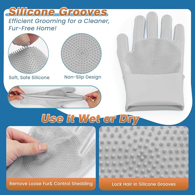 MIYIJHY 7-Piece Pet Grooming Kit with Storage Bag | Portable Bathing Set for Dogs & Cats | Includes Silicone Gloves, Deshedding Brushes & Finger Toothbrushes | All-in-One Pet Care (Gray)