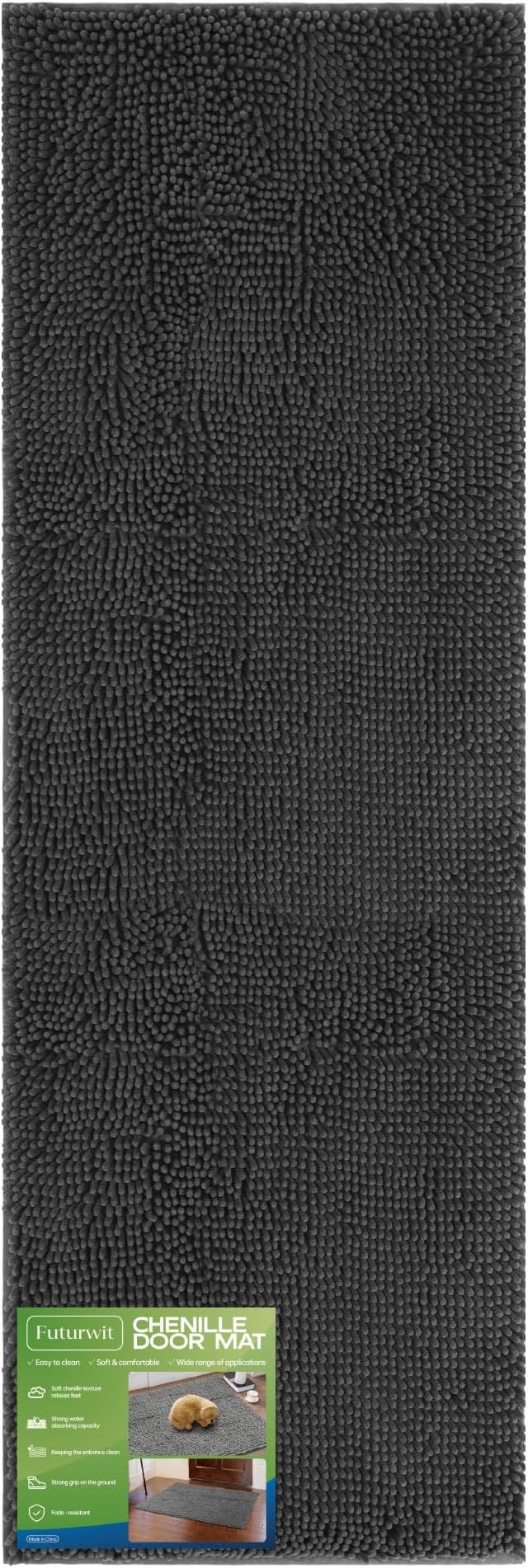 Futurwit Dog Door Mat for Muddy Paws, 72" x 24" Chenille Absorbent Front Door Mat Inside, Large Runner Mud Mat for Dogs, Machine Washable Non Slip Outdoor Indoor Entrance Doormats, Grey