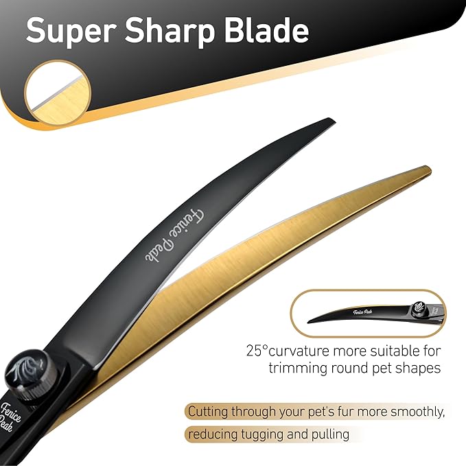 Fenice Peak 7'' Black Dog Grooming Scissors Goldern Curved Scissors with Ergonomic Offest Handle and Pattern Screw Pet Grooming Trimming Shears Durable and Sharp 440C