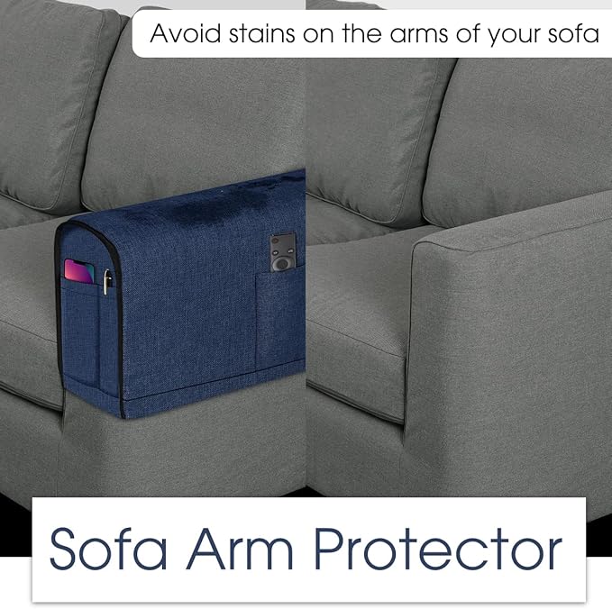 Joywell Linen Armrest Covers for Living Room Anti-Slip Sofa Arm Protector for Dogs, Cats, Armchair Slipcover for Recliner with 4 Pockets for TV Remote Control, Phone, Set of 2, Navy