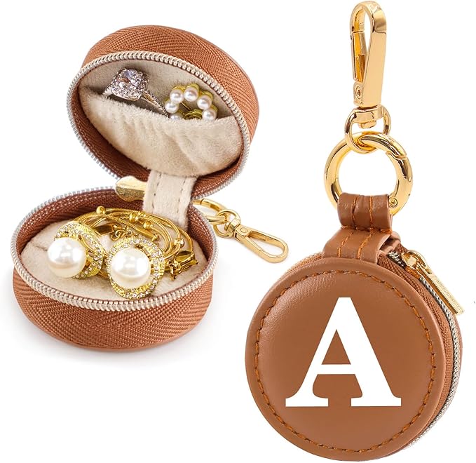 Mini Initial Travel Jewelry Case Ring Holder, Brown Faux Leather Small Jewelry Organizer Box Gifts for Women Girls Nurse Teacher, Gym Travel Accessories Keychain Pouch for Earrings Rings Necklace A