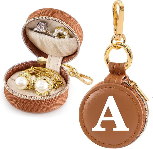Mini Initial Travel Jewelry Case Ring Holder, Brown Faux Leather Small Jewelry Organizer Box Gifts for Women Girls Nurse Teacher, Gym Travel Accessories Keychain Pouch for Earrings Rings Necklace A