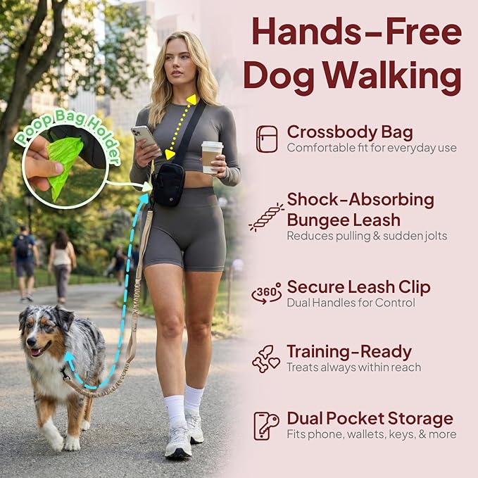 Hands Free Crossbody Dog Leash Bag with Built-in Poop Bag Dispenser & Storage, Dual Bungee Shock-Absorbing Leash with Dual Handles for Small, Medium, Large Dogs Walking Training (Lavender)