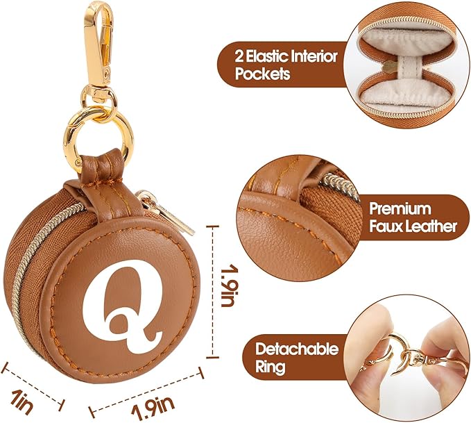 Mini Initial Travel Jewelry Case Ring Holder, Brown Faux Leather Small Jewelry Organizer Box Gifts for Women Girls Nurse Teacher, Gym Travel Accessories Keychain Pouch for Earrings Rings Necklace Q