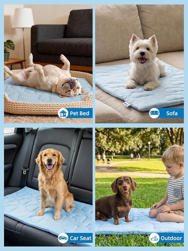 Huafly Dog Cooling Mat,Dual-Sided Cooling Mat for Dogs–Cooling Fabric for Summer,Velvet for All Seasons–Portable for Crate,Car Seat,Sofa&Floor,Machine Washable,Keeps Cats,Dogs&Puppies Cool,Cloud Blue
