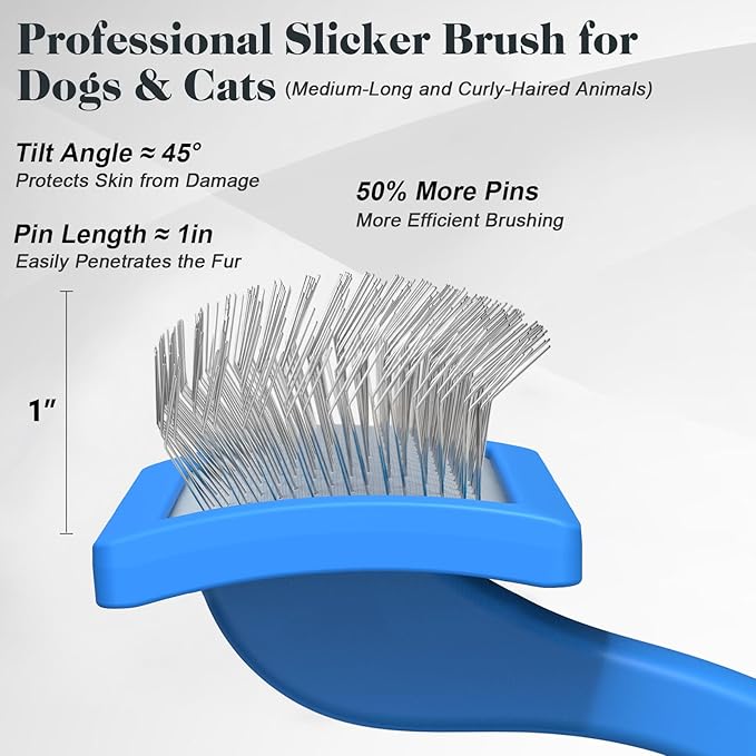 2PCS Slicker Brush for Dogs & Pet Comb,Professional Dog Grooming Brush (Cats,Goldendoodles,Poodles,Labradoodles) with Extra Long Pins to Effectively Remove Tangles, Knots and Mats (Blue, Medium)