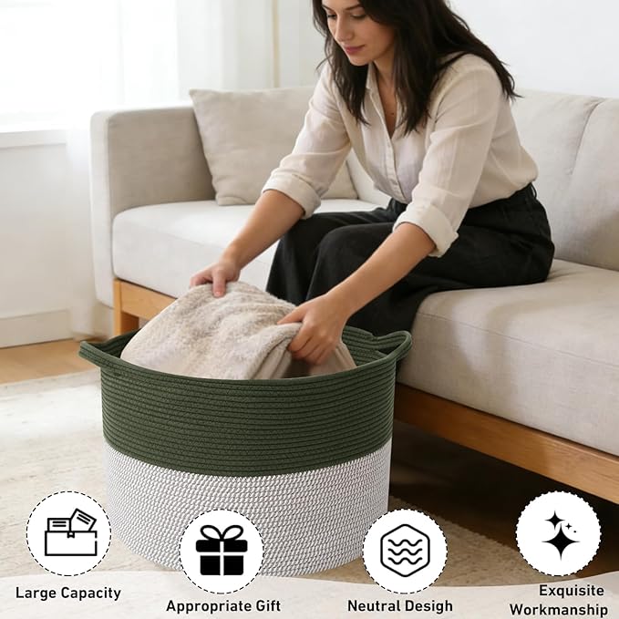 65L Extra Large Woven Cotton Rope Blanket Basket with Handles, Laundry Hamper Storage Bin for Pillows, Comforters,Clothes, Toys, Nursery, Bedroom and Living Room Organization,Green&White