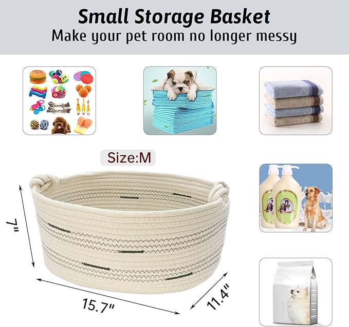 Fhiny Cotton Rope Dog Toy Basket with Handle Puppy Toys Storage Bin Small Woven Rectangle Diapers Pet Kitty Bed Perfect for Carry Pet Chew Toys Blankets Leashes Doggie Stuff - Beige M