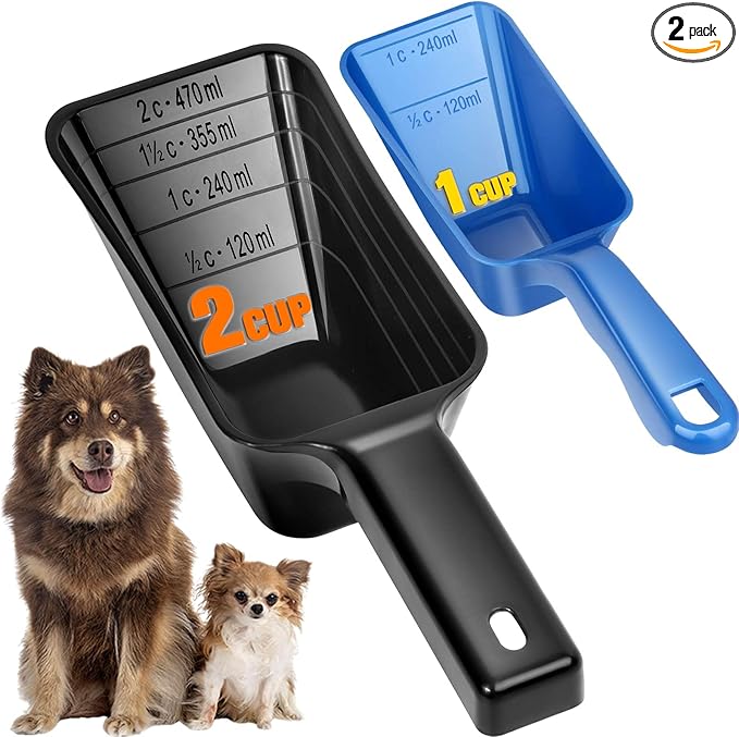 2-Pack Dog Food Scoop Set,1 Cup and 2 Cup Plastic Pet Food Measuring Scoops with Clear Measurement Lines,Multi-Purpose Pet Food Scooper for Dogs, Cats (Blue and Black)
