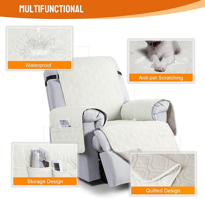 VANSOFY 100% Waterproof Recliner Chair Covers, Recliner Cover Non-Slip Dog Chair Cover Furniture Protector Washable Slipcover with Pocket, Elastic Straps for Pets, Dogs(Off White, 25")