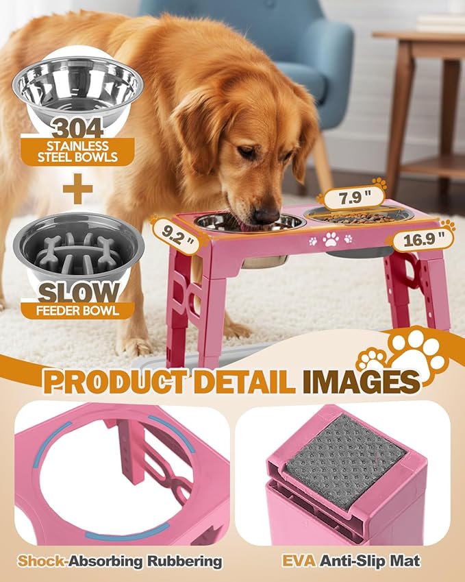 Jovrun Elevated Dog Bowls, Dog Feeder with Stainless Steel Dishes & Slow Feeder Bowl, 5 Heights Adjustable Raised Stand for Medium Large, Food Dishes with Non-Slip Feet