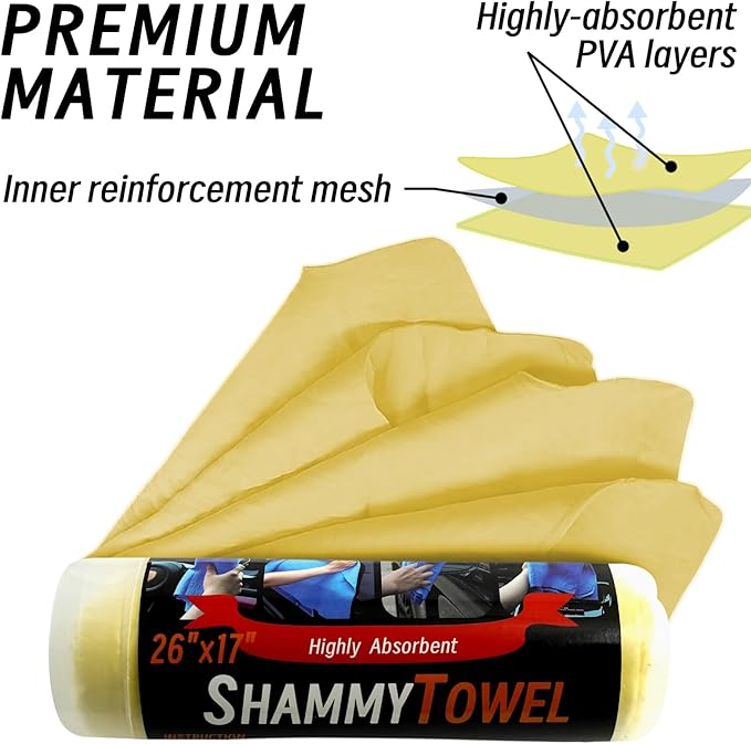 Tubsalah Premium Shammy Cloth for Car Drying - 2 Pack (26”x17”) - Super Absorbent Synthetic Chamois Bathroom,Pets, Dust Remove,- Reusable Non-Scratch Vehicle Dry Towel (Yellow)