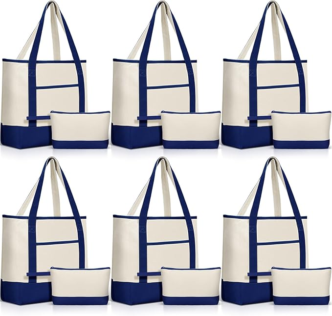 Sanwuta Canvas Tote Bags Bulk with Outer Pocket and Makeup Pouch 18'' Reusable Grocery Bags with Handles for Women Beach DIY