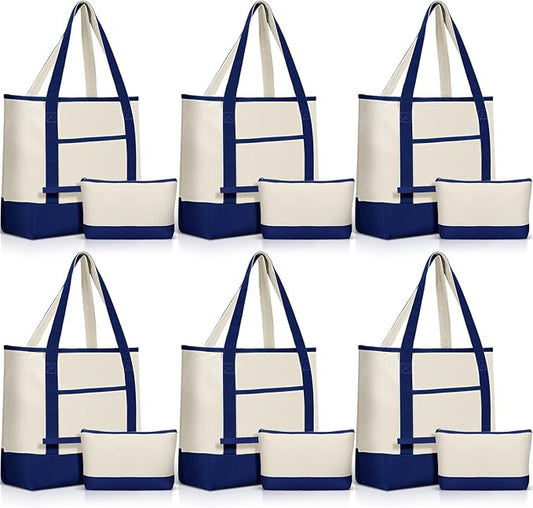 Sanwuta Canvas Tote Bags Bulk with Outer Pocket and Makeup Pouch 18'' Reusable Grocery Bags with Handles for Women Beach DIY