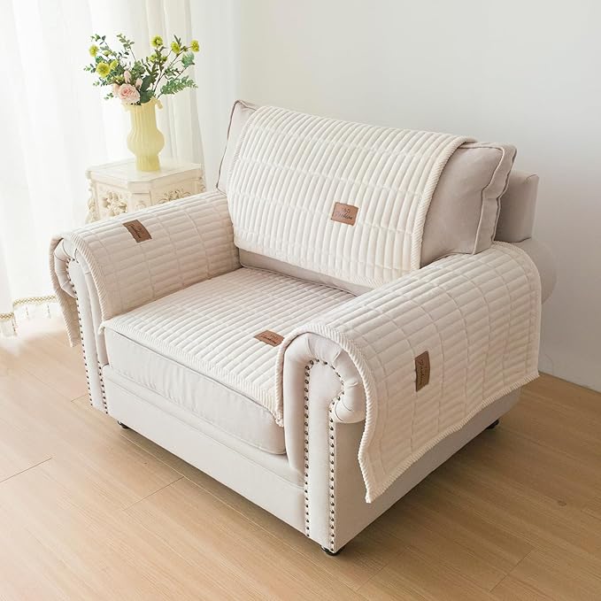 PJLZJFBY Couch Covers for Dogs, Velvet Dog Couch Cover, Pet Couchs Covers for Backrest & Armrest, Couchs Protector for Dogs, Sofa Cover for Pets Washable(1PC,Beige White,27.5"×27.5",Single Seater)
