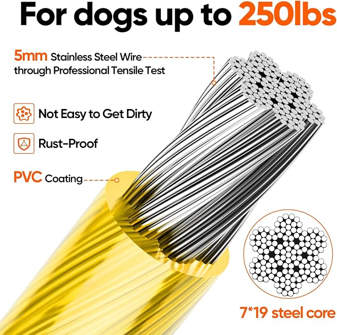Tresbro 20FT Reflective Tie Out Cable for Dogs Up to 250 Pounds, Steel Wire Lead Leash Cable with Stainless Rotatable Buckle, Lightweight and Enduring, Dog Chains Outside for Outdoor, Yard, Yellow