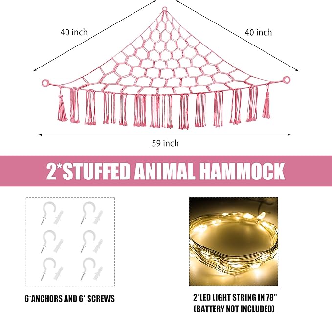 CERETIA Stuffed Animal Hammock with LED Light, Large Stuffed Animals Storage Corner Plushie Net for Kids Room Decor, 2 Packs Pink