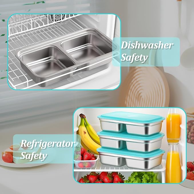 4 Pack Stainless Steel Snack Containers Reusable with Lid, Grab and Go 2 Compartment Snack Food Storage Containers for School Travel and Outdoor Camping Dishwasher Safe