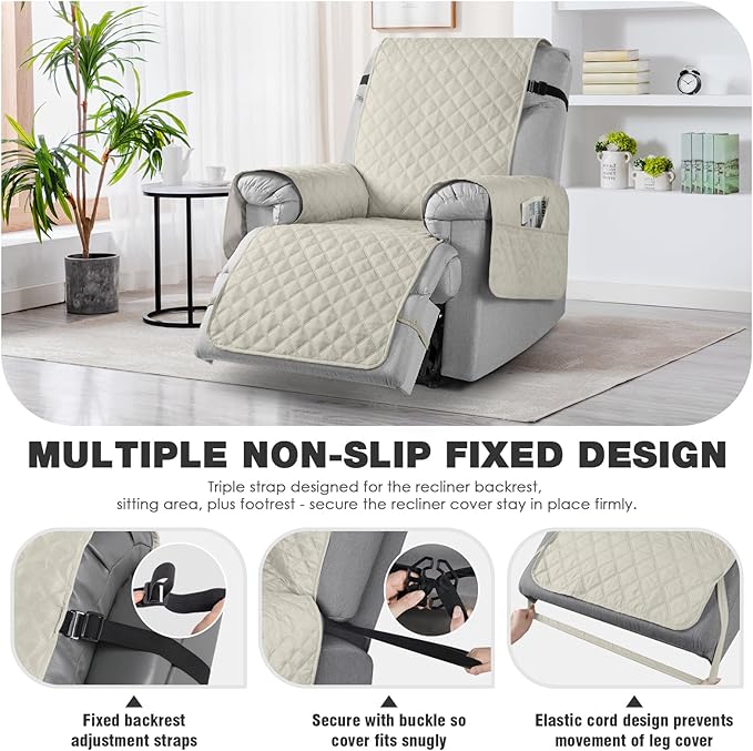 TAOCOCO Waterproof Recliner Chair Covers with Leg Strap 1 Piece Oversized Recliner Covers for Large Recliner for Pets Kids, Washable Reclining Chair Furniture Protector(28'' Oversized, Ivory)