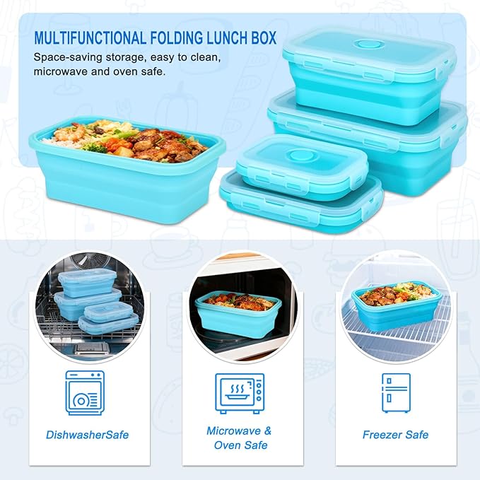4 Set Collapsible Food Storage Containers Silicone Lunch Container with Lids Collapsible Lunch Box Food for Camper Leftovers Snacks Meals Dorm Kitchen Microwave Blue with Gray Edges