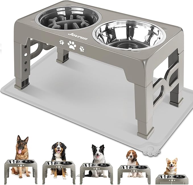Jovrun Elevated Dog Bowls, Dog Feeder with Stainless Steel Dishes & Slow Feeder Bowl, 5 Heights Adjustable Raised Stand for Medium Large, Food Dishes with Non-Slip Feet