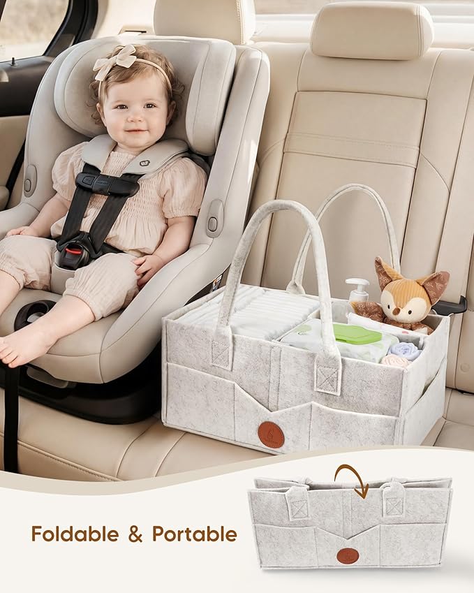 Maliton Baby Diaper Caddy, Nursery Storage Bin & Car Organizer with Handle, Large Felt Bag for Newborn essentials Boy or Girl, Changing Table Organizer for Baby Stuff, 15" x 9" x 7" Baby Shower Basket