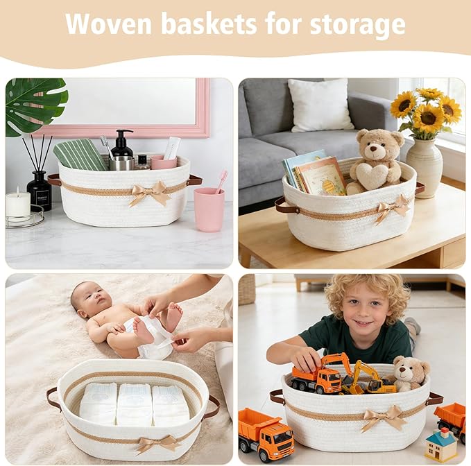Large Gift Baskets Empty with Handles, 14"x 10"x 5.5" Cotton Rope Storage Basket Storage for Gifts Clothes Baby Diaper Pet Toys (White)