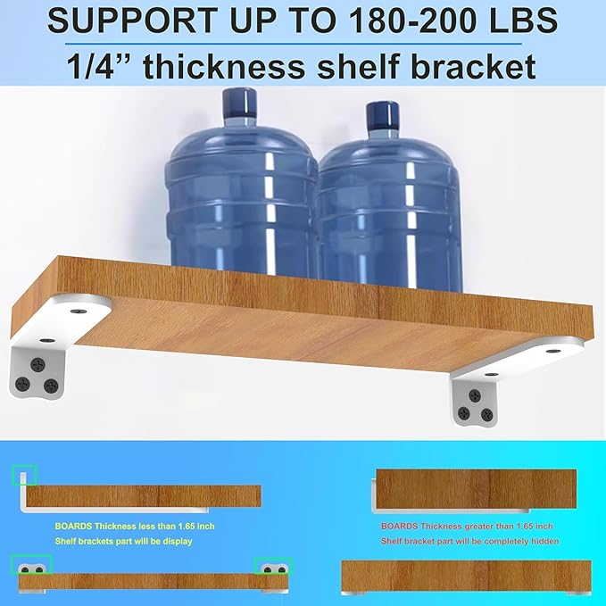 Eurydice Heavy Duty Floating Shelf Brackets, 1/4 inch Thick L Bracket, (10 In 6 Pack White), Holds 200 lb, Rounded Arc Edge, One-Piece, 3 Hole Mounting For Wood Shelves in Kitchen, Garage, Office, DIY