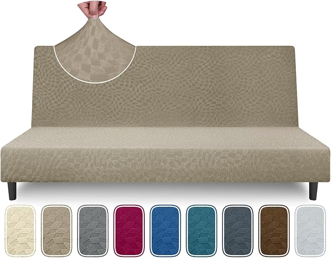 ZNSAYOTX Fashion Futon Cover (67"-82") Stretch Fit Armless Sofa Bed Slipcover, Universal Foldable Sofa Mattress Protector Full Queen Size, Irregular Plaid Texture Jacquard Futon Protector (Khaki)