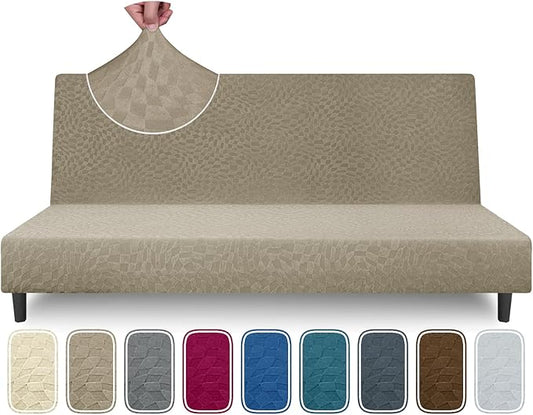 ZNSAYOTX Fashion Futon Cover (67"-82") Stretch Fit Armless Sofa Bed Slipcover, Universal Foldable Sofa Mattress Protector Full Queen Size, Irregular Plaid Texture Jacquard Futon Protector (Khaki)
