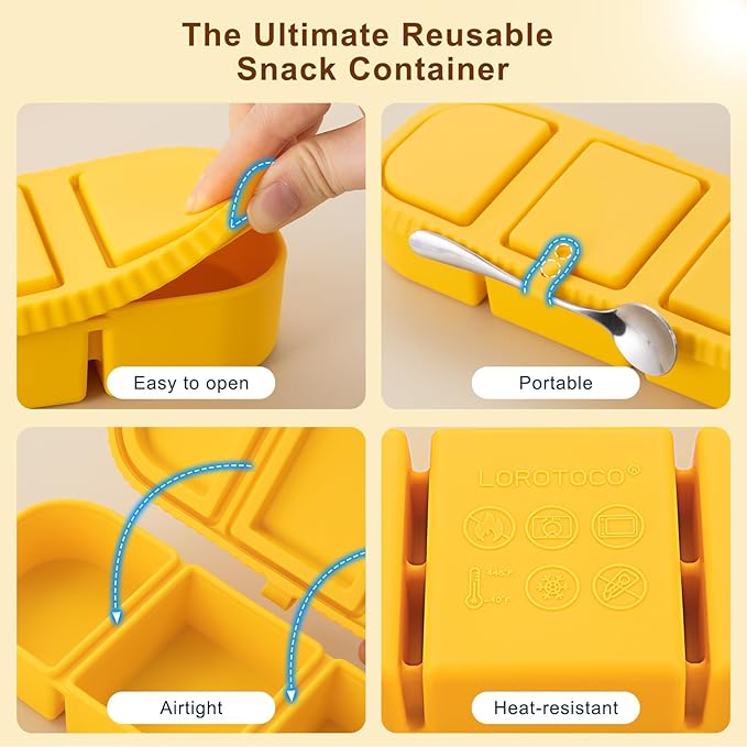 Silicone Snack Containers for Kids, 3-Compartment Reusable Small Snackle Box with Airtight Lids for Lunchable, Sauce, School, Travel, Work（1Pack-14oz）