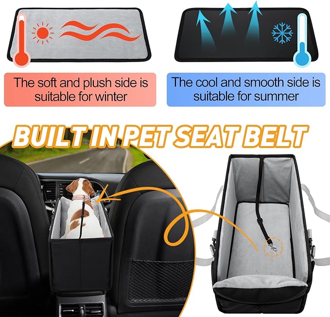 Portable Dog Car Seat for Small Dogs - Pet Booster Seat with Safety Leash, Adjustable Straps, Washable Cushion & Storage Pocket - Center Console Puppy Car Seat for Travel - Black