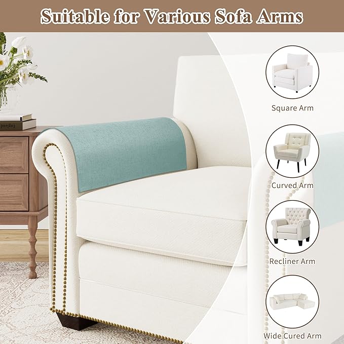 SPWIY Couch Arm Covers Linen Chair Arm Covers Stain Resistant & Anti-Scratch Furniture Protector for Sofa Washable Recliner Armrest Cover for Pets, Light Blue, 2 Pcs, 20" W x 24" L